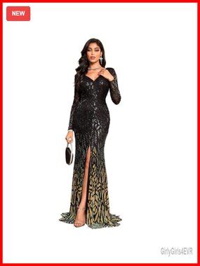 Formal Sequin Bodycon Long Sleeve Prom Evening Party Maxi Dress